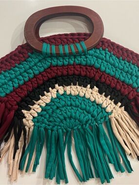 New Bonita Bolso  Fringe Tote Bag in Teal, Burgundy & Cream with Wooden Handle